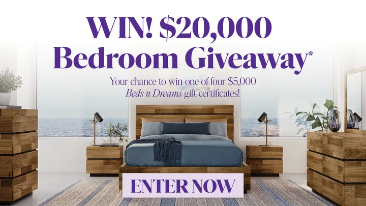 "Bedroom giveaway banner promoting $20,000 contest with Beds n Dreams, featuring a stylish bed and ocean view."