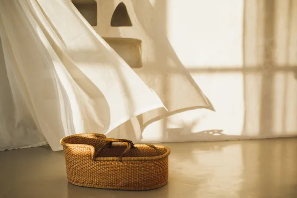 A wicker baby bassinet sits in a sunlit room, partially covered by sheer white curtains.