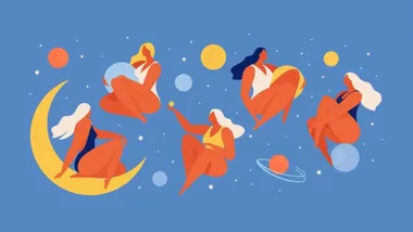 Illustration of five women sitting on celestial bodies with stars and planets in a blue sky.