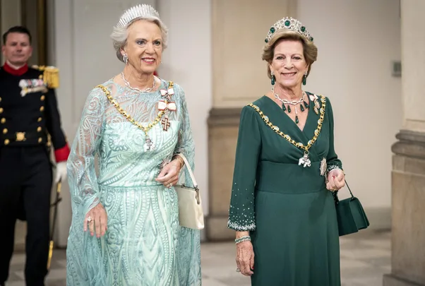 Princess Benedikte of Denmark and Queen Anne-Marie of Greece attending a gala