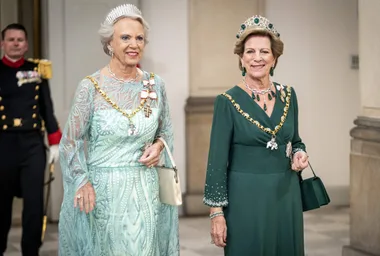 Princess Benedikte of Denmark and Queen Anne-Marie of Greece attending a gala