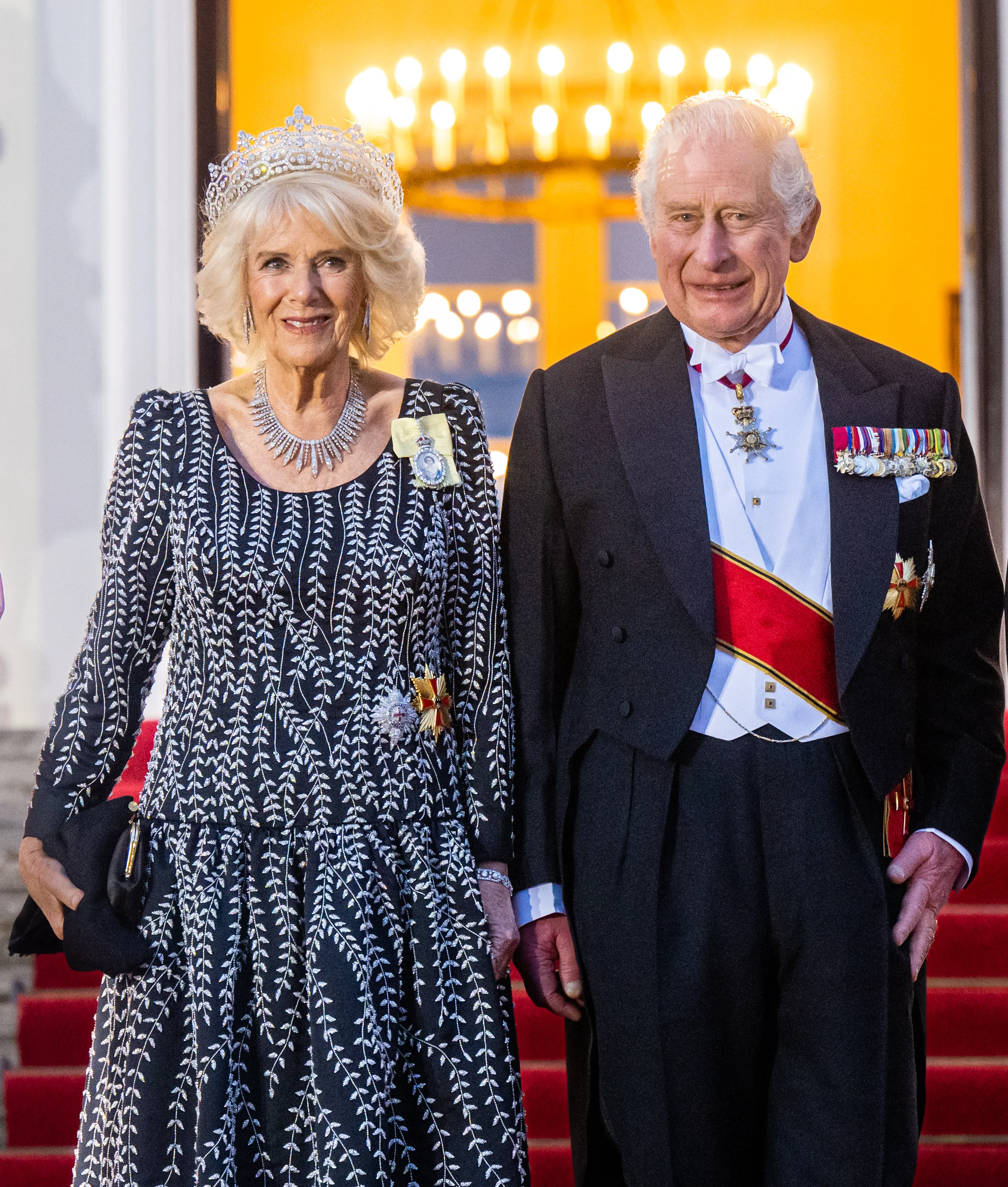 BERLIN, GERMANY - MARCH 29: King Charles III and Camilla, Queen Consort attend a State Banquet at Schloss Bellevue, hosted by the President Frank-Walter Steinmeier and his wife Elke B&uuml;denbender on March 29, 2023 in Berlin, Germany. The King and The Queen Consort's first state visit to Germany will take place in Berlin, Brandenburg and Hamburg from Wednesday 29th March to Friday 31st March 2023. The King and Queen Consort's state visit to France, which was scheduled March 26th - 29th, has been postponed amid mass strikes and protests. (Photo by Samir Hussein/WireImage,)