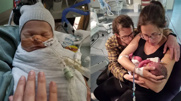 a baby in hospital at left , and with his parents, at right