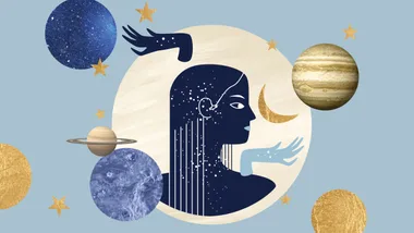 Abstract illustration of a starry figure with planets, stars, and a crescent moon on a blue background.