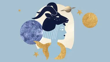 Abstract illustration of a person with goat head symbol, planets, and stars, representing Capricorn astrology sign.