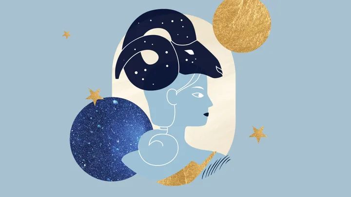 Aries zodiac sign illustration with ram horns, stars, and celestial elements on a blue background.