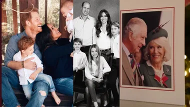 Collage of three family portraits: a couple with two kids, a family of five, and a couple in formal attire smiling.