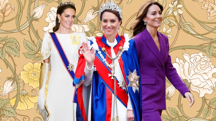 Three women in elegant attire, including royal regalia, posed against a floral backdrop.