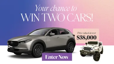 "Image of two cars: a silver SUV and a white toy off-roader, with text 'Your chance to win two cars!' and 'Enter Now'."