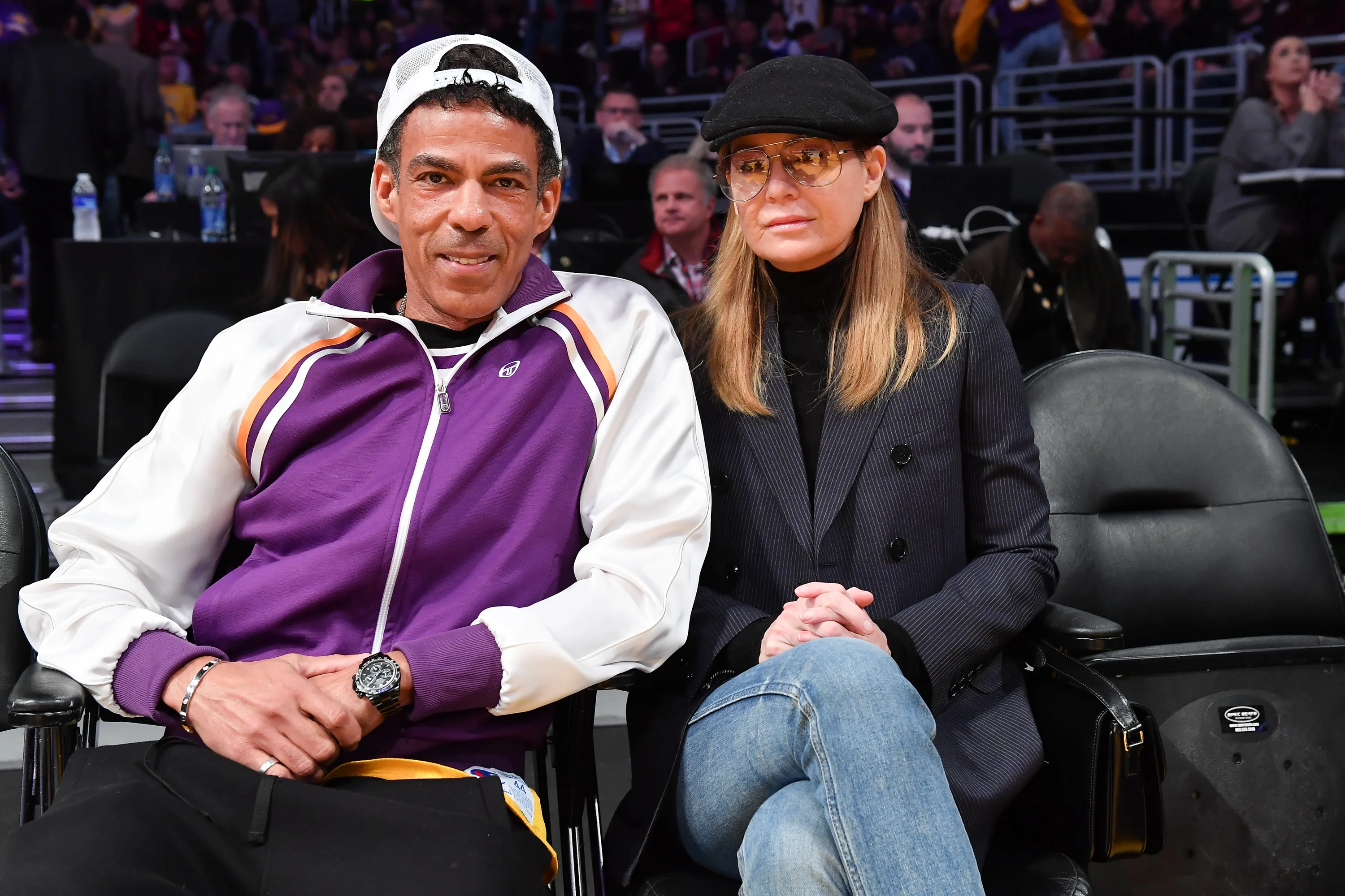 Chris Ivery and Ellen Pompeo attend a basketball game between the Los Angeles Lakers and the Houston Rocket 2020.
