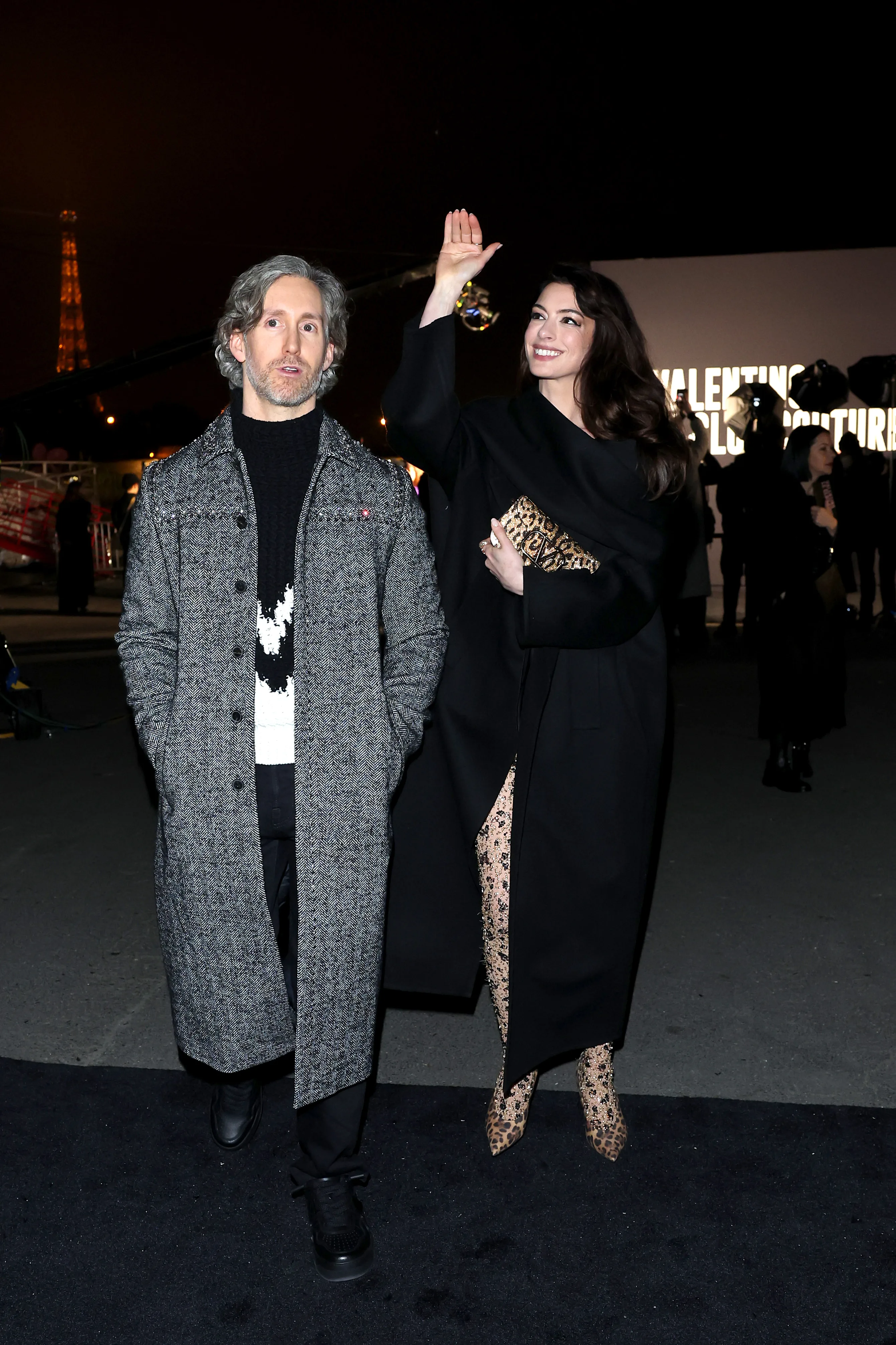 Adam Shulman and Anne Hathaway attend Paris Fashion Week, 2023 in Paris, France. 