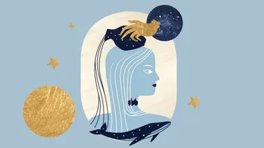 Abstract illustration of Aquarius symbol with a woman's profile, water jug, whale, and golden stars on a blue background.