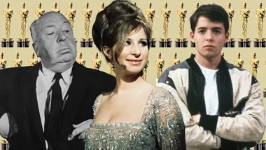 Three people with Oscars background; one in a suit, one in a sparkling dress, one in a jacket.