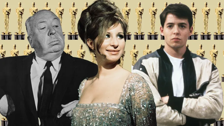 Three people with Oscars background; one in a suit, one in a sparkling dress, one in a jacket.