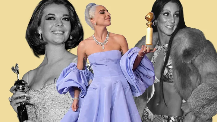 A woman in a lavender gown holds a Golden Globe, flanked by two vintage award winners on a yellow background.