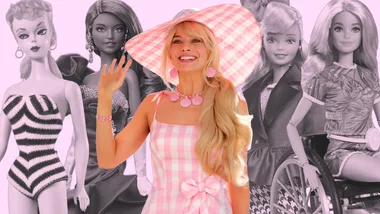 A woman in a pink gingham dress and hat smiles, surrounded by various Barbie dolls.