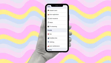 Hand holding phone displaying a categorized list of expenses, against a pastel wavy background.