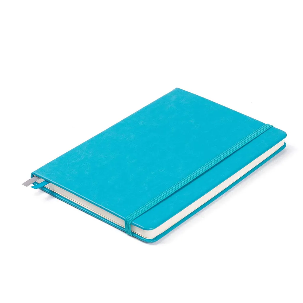 Blue hardcover notebook with an elastic band and ribbon bookmark, closed and lying flat on a white surface.