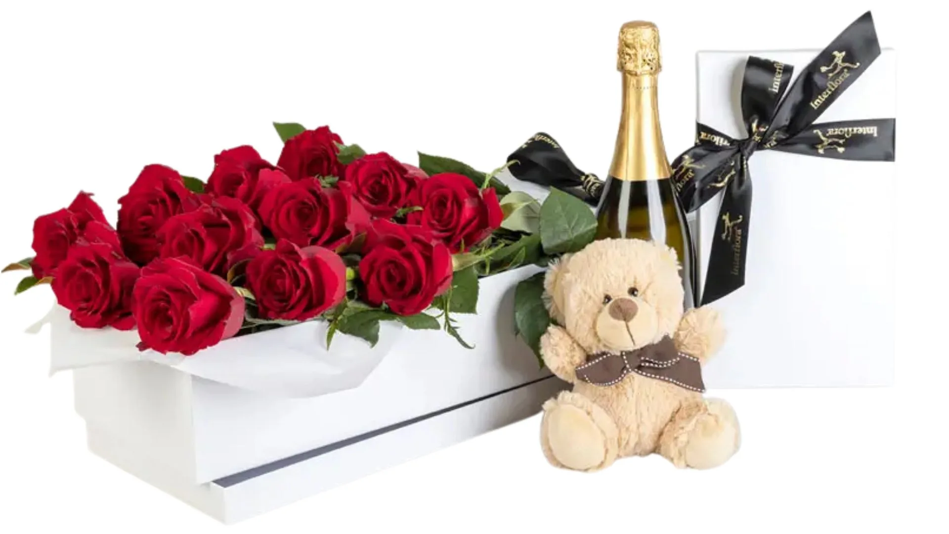 Interflora Romantic Roses Grande - 12 Red Roses in Presentation Box with Chocolates, Teddy & Sparkling Wine