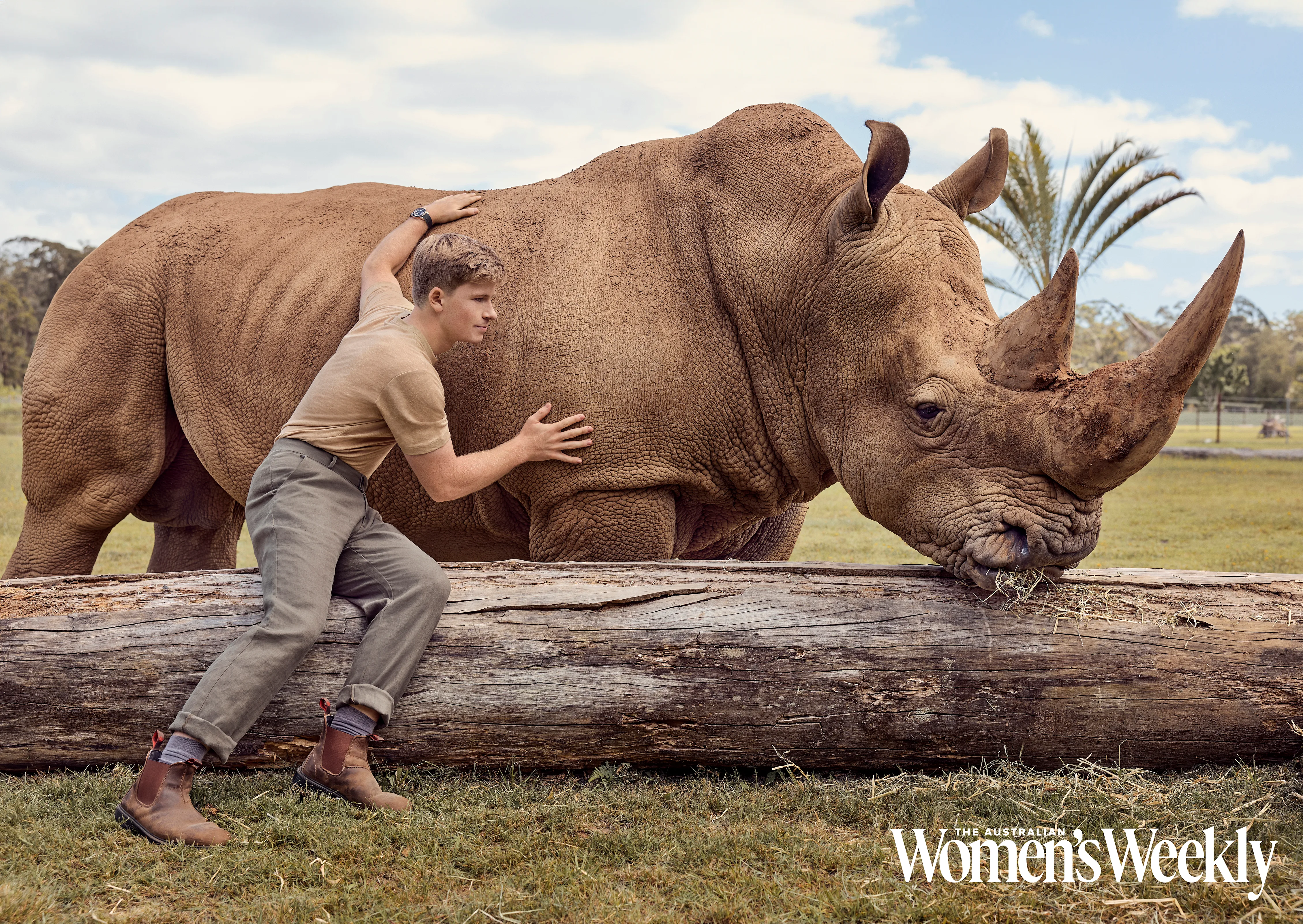 Robert Irwin with Australia Zoo's rhino DJ
