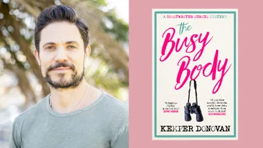 Portrait of a bearded man beside the book cover of "The Busy Body" by Kemper Donovan.