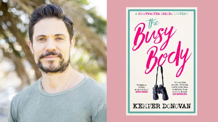 Portrait of a bearded man beside the book cover of "The Busy Body" by Kemper Donovan.
