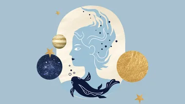 Illustration of a stylized face with flowing hair, surrounded by planets and stars, with a fish below.