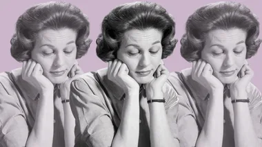 Three identical black-and-white portraits of a woman with short hair, resting her chin on her hands, on a purple background.