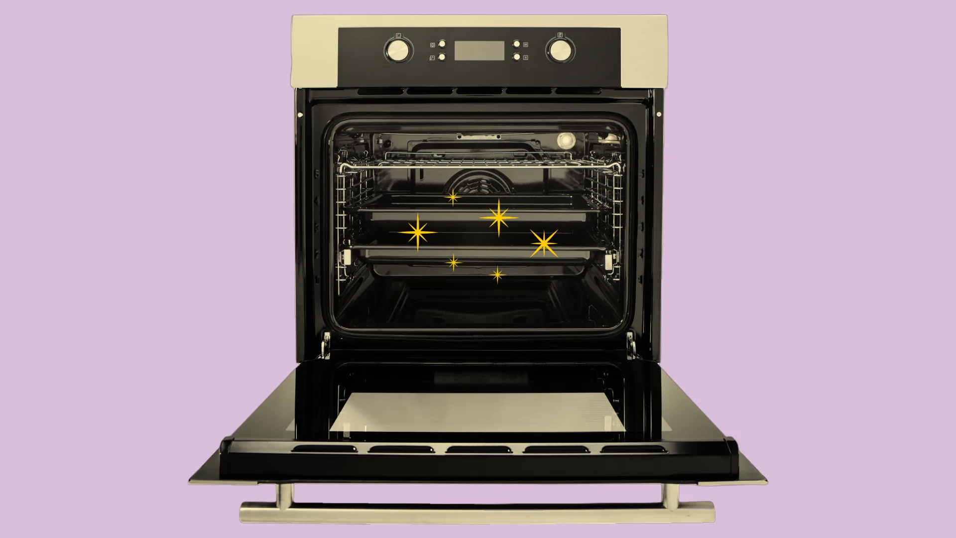 Open oven with door down, interior showing racks, with sparkling clean effect on a pastel purple background.