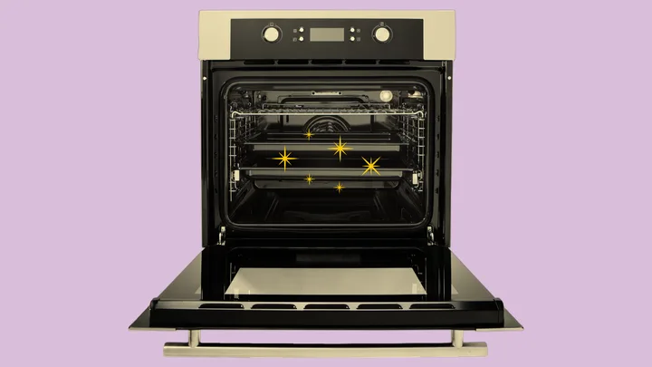 Open oven with door down, interior showing racks, with sparkling clean effect on a pastel purple background.