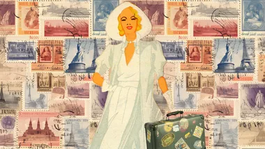 Retro-style illustration of a woman with a suitcase overlaid on vintage travel stamps.