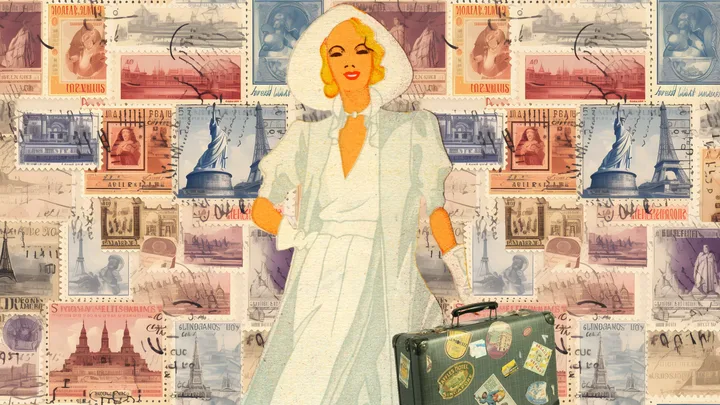 Retro-style illustration of a woman with a suitcase overlaid on vintage travel stamps.