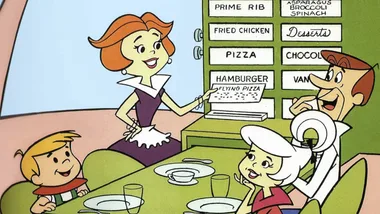 Cartoon family dining with mother serving food from a futuristic appliance.