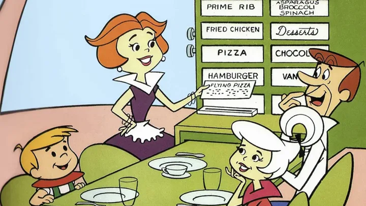 Cartoon family dining with mother serving food from a futuristic appliance.