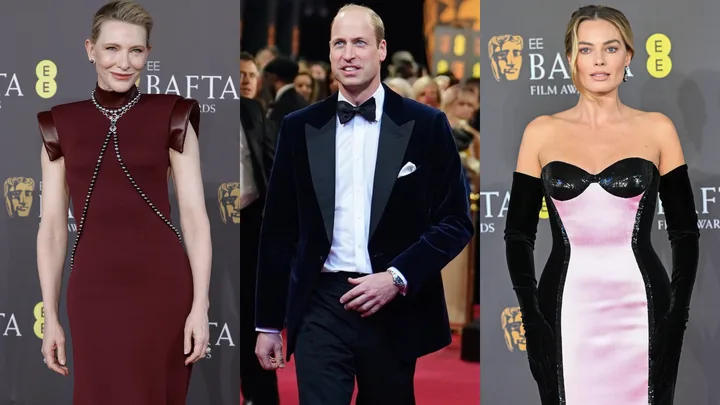 Celebrities in elegant attire on the BAFTA Film Awards red carpet.