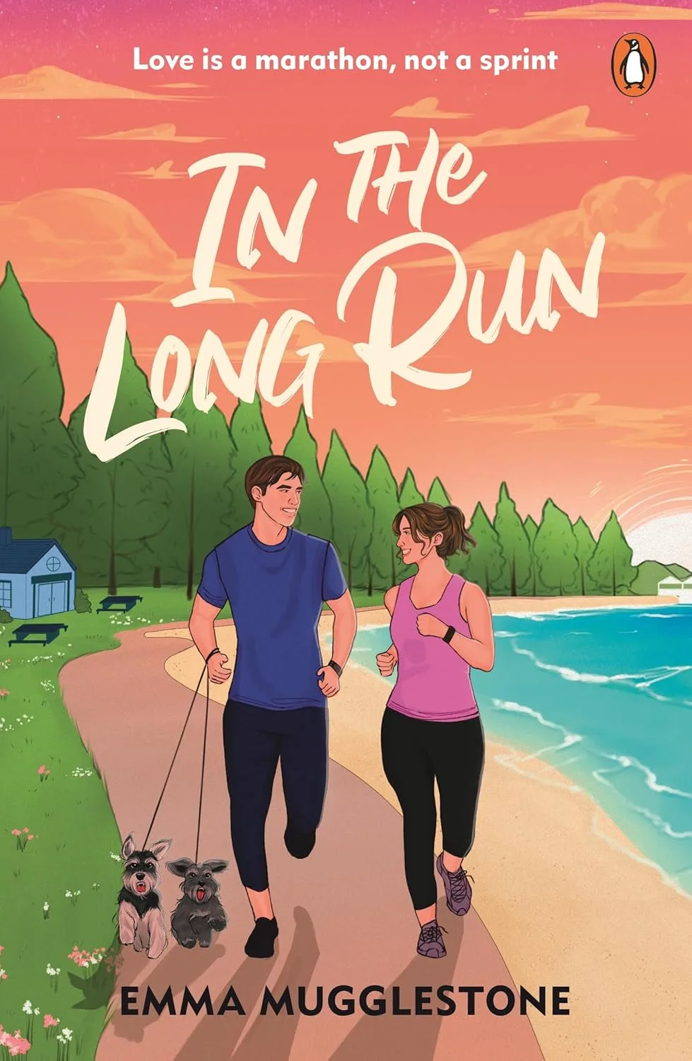 Book cover of In The Long Run. A man and woman running along a beach path with two dogs.
