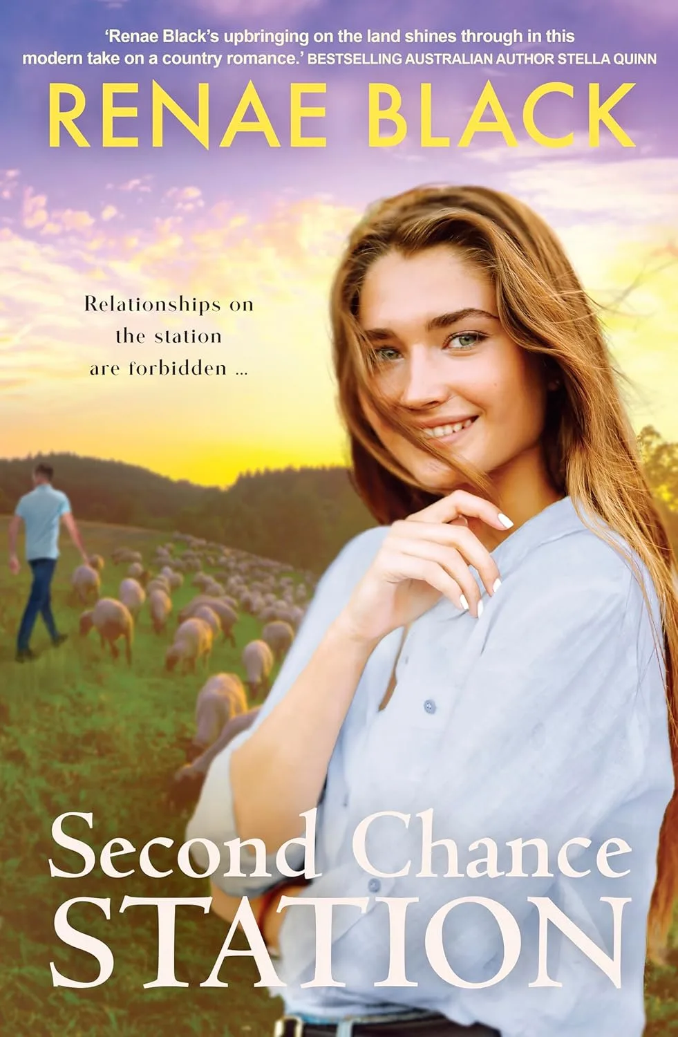 Romance book cover Second Chance Station. A woman smiling in front of a sheep station with a man walking with some sheep.