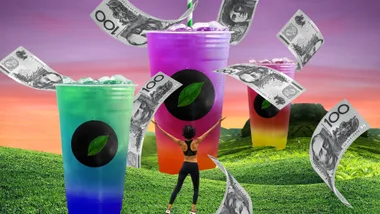 Colorful drinks and floating Australian dollars in a vibrant landscape with a person raising arms.