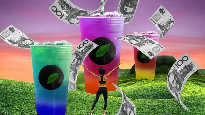 Colorful drinks and floating Australian dollars in a vibrant landscape with a person raising arms.
