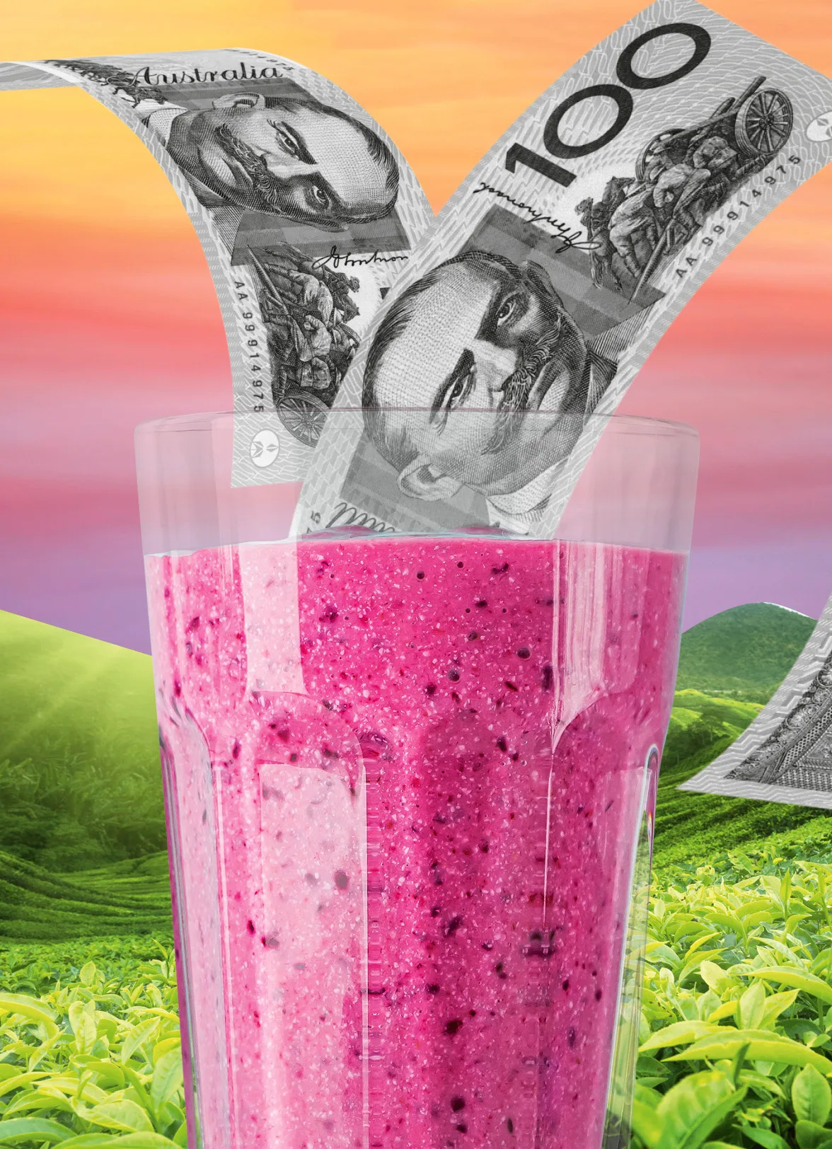 A large fruit smoothie with money falling into it.