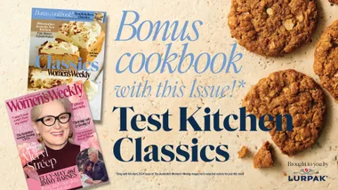 Australian Women's Weekly cover featuring Meryl Streep, bonus cookbook offer, and cookies.