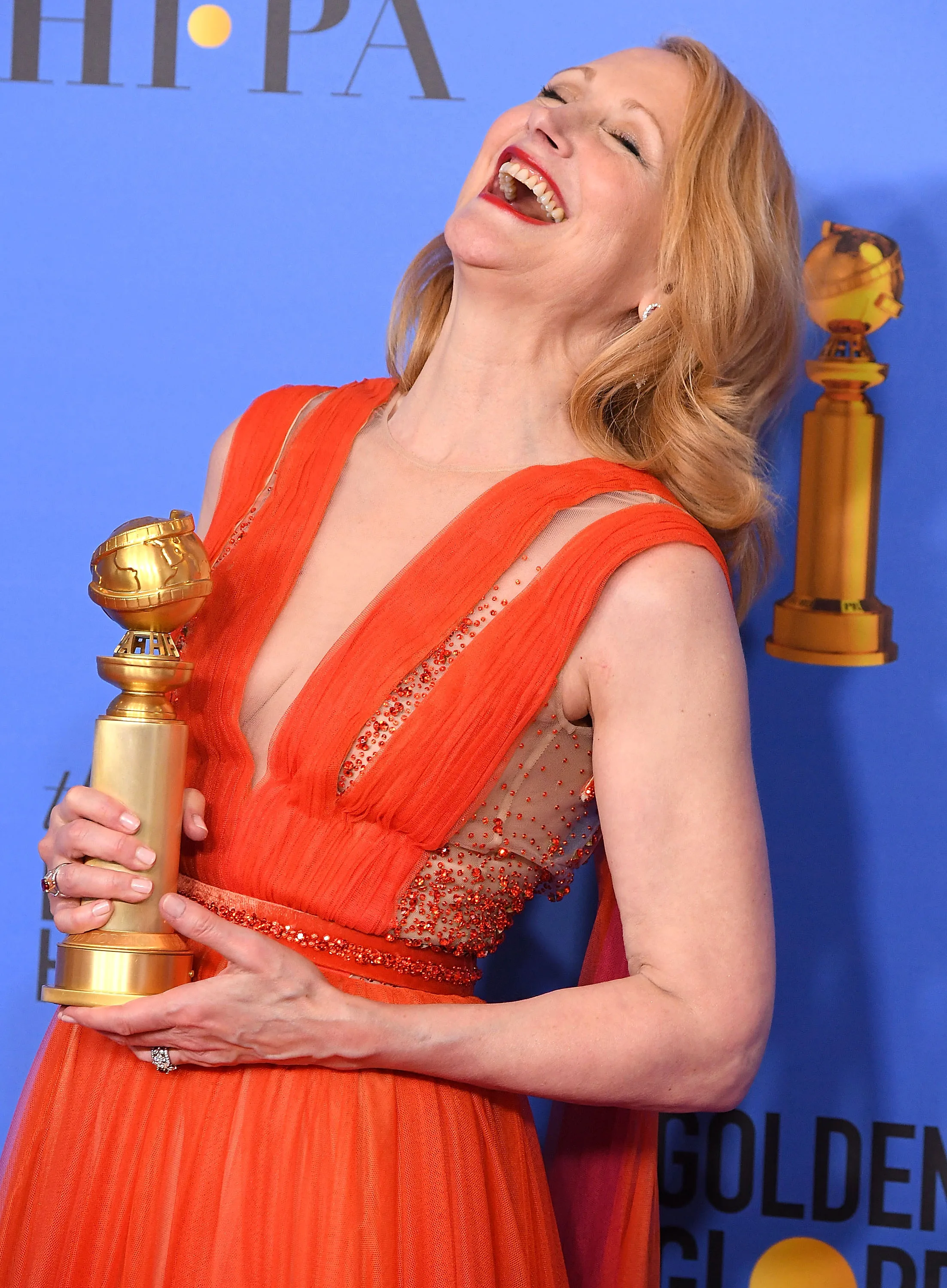 BEVERLY HILLS, CA - JANUARY 06:  Patricia Clarkson  poses at the 76th Annual Golden Globe Awards at The Beverly Hilton Hotel on January 6, 2019 in Beverly Hills, California.  (Photo by Steve Granitz/WireImage,)