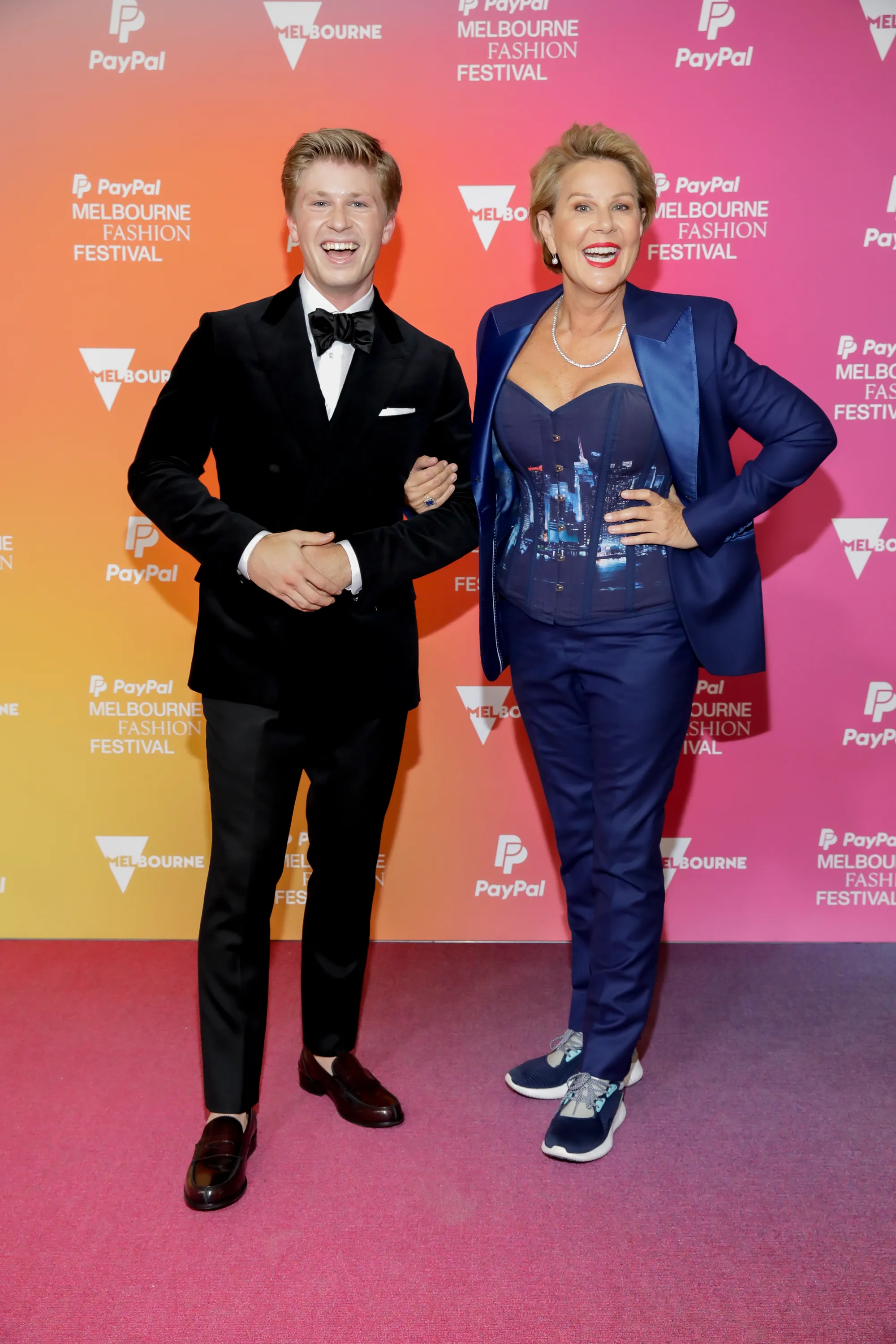 MELBOURNE, AUSTRALIA - MARCH 06: Robert Irwin and Julia Morris arrive for the Suit Up Runway at Melbourne Fashion Festival 2024 on March 06, 2024 in Melbourne, Australia. (Photo by Sam Tabone/WireImage)