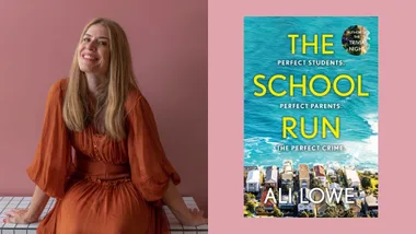 Woman smiling in an orange dress sits beside the book cover of "The School Run" by Ali Lowe.