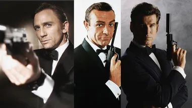 Three men in tuxedos holding guns, each in a classic spy film pose.