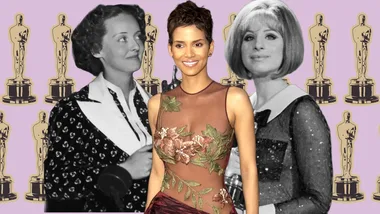 "Three women in Oscar-themed collage, with golden statues on a purple background."