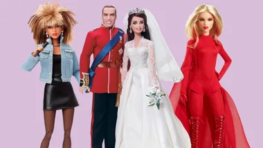 Four dolls dressed as celebrities: one in a denim jacket, one in a red uniform, a bride, and one in a red outfit.