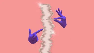 Two blue hands holding a glowing stack of coins against a pink background.