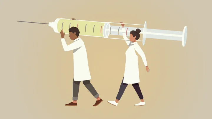 Two scientists in lab coats carry an oversized syringe, symbolizing collaboration in research and healthcare.