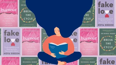 Illustration of a person with a book, surrounded by book covers on burnout and healing.